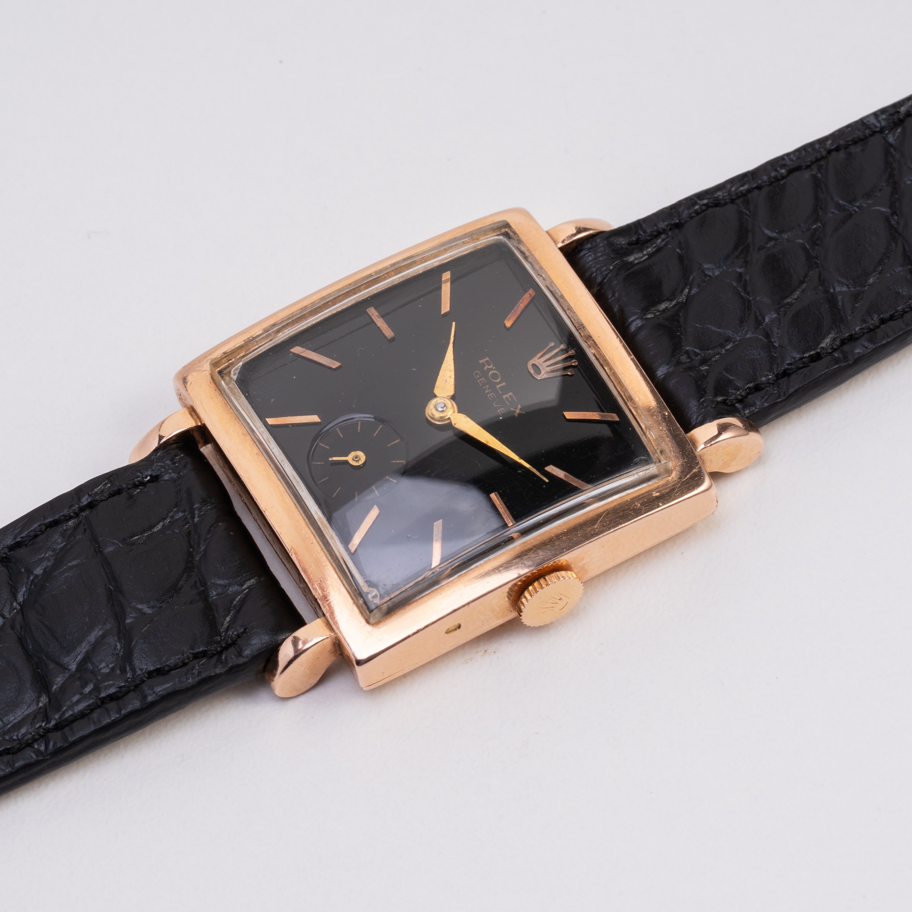 Rolex - Orologio Solo Tempo a carica manuale in oro rosa 14 kt con quadrante nero e piccoli secon...