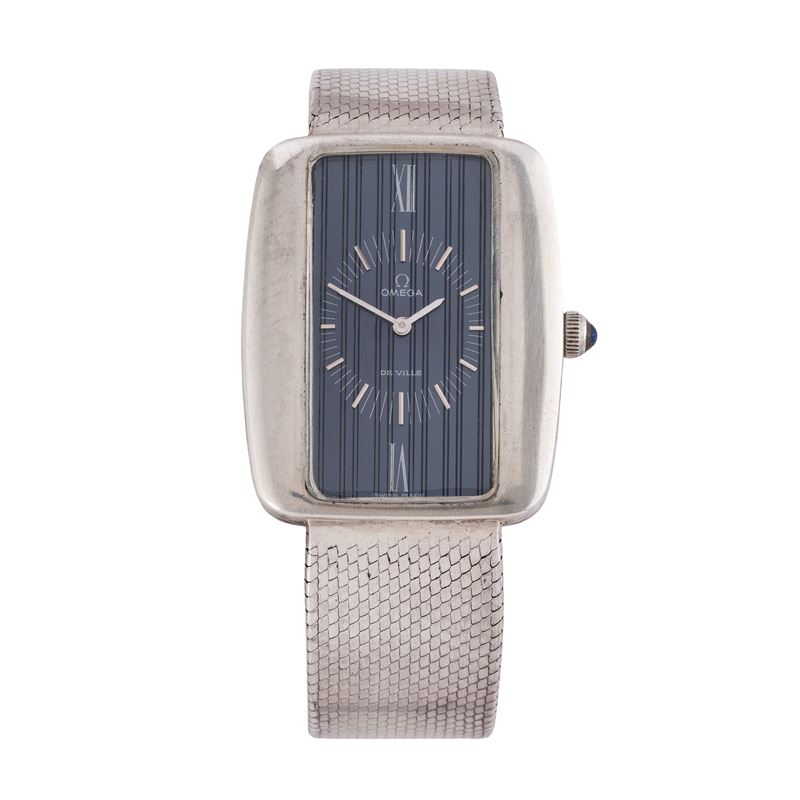 Omega De Ville, Orologio solo tempo a carica manuale in argento con quadrante blu e bracciale int...