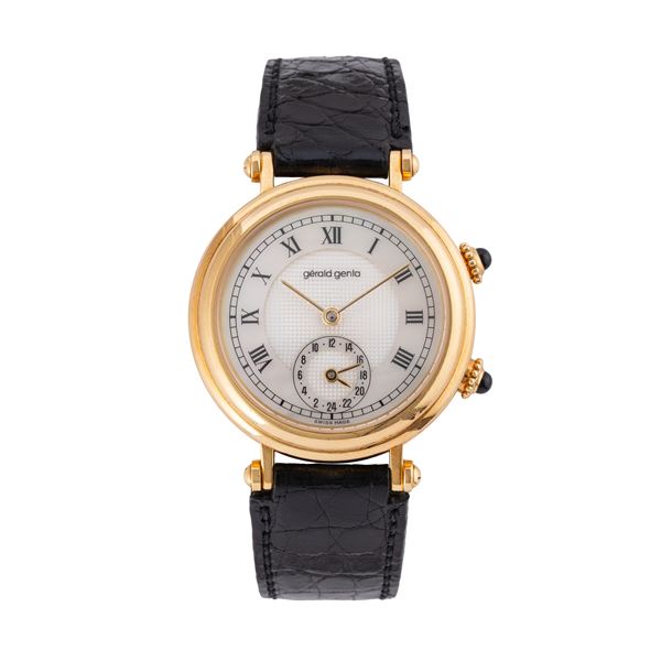 GERALD GENTA - GERALD GENTA - DUAL TIME OROLOGIO SOLO TEMPO A CARICA AUTOMATICA IN ORO GIALLO 18KT CON QUADRANTE BIANCO 'CLOUS DE PARIS' E MADREPERLA CON DOPPIO FUSO ORARIO AD ORE SEI