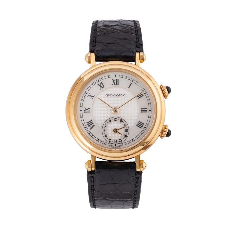 Gerald Genta - Dual Time, orologio solo tempo automatico in oro giallo 18 kt con quadrante bianco...
