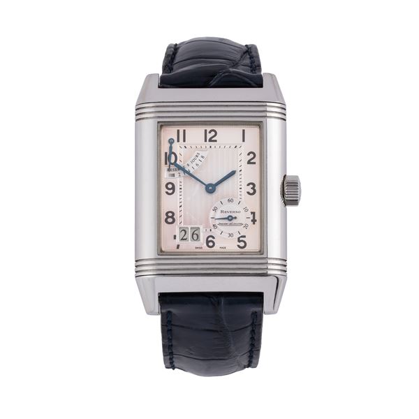 JAEGER LE COULTRE - JAEGER LECOULTRE - REVERSO POWER RESERVE OROLOGIO SOLO TEMPO CON RISERVA DI CARICA A CARICA MANUALE IN ACCIAIO CON QUADRANTE VIRATO AL VIOLA, PICCOLI SECONDI AD ORE QUATTRO E DATARIO AD ORE SETTE.