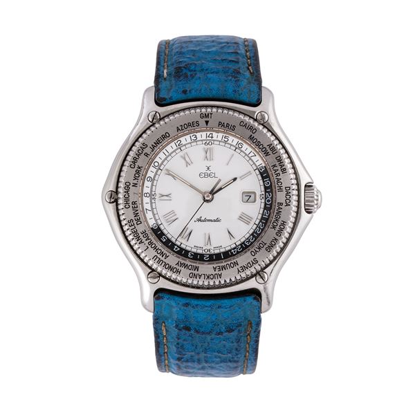 EBEL - EBEL - VOYAGER GMT OROLOGIO SOLO TEMPO A CARICA AUTOMATICA IN ACCIAIO CON QUADRANTE BIANCO, DATARIO AD ORE TRE E GHIERA GMT
