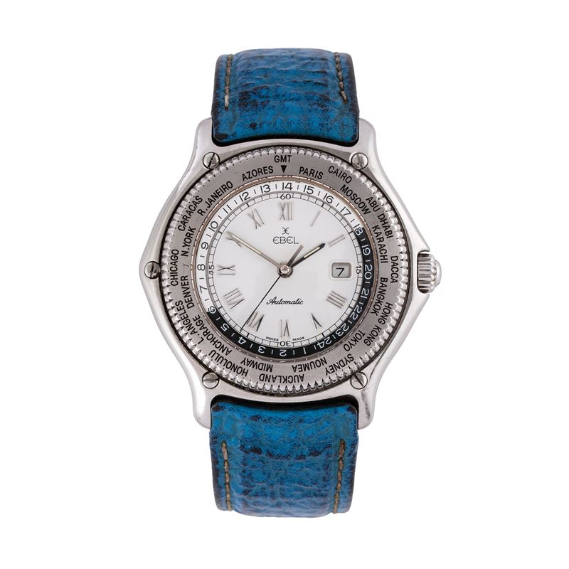 Ebel - Voyager GMT, orologio solo tempo automatico in acciaio con quadrante bianco e ghiera GMT