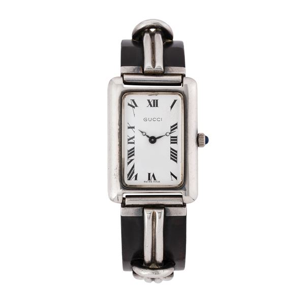 GUCCI - GUCCI  OROLOGIO SOLO TEMPO A CARICA MANUALE IN ARGENTO E LEGNO CON CHIUSURA A FIBBIA E QUADRANTE BIANCO