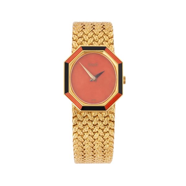PIAGET - PIAGET OROLOGIO SOLO TEMPO A CARICA MANUALE IN ORO GIALLO 18KT, CON QUADRANTE IN CORALLO E BRACCIALE INTEGRATO IN ORO GIALLO 18KT.
