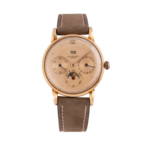UNIVERSAL GENEVE - UNIVERSAL GENEVE - TRIPLE CALENDAR TRIPLO CALENDARIO A CARICA MANUALE IN ORO ROSA 18KT CON QUADRANTE ROSA E FASI LUNA AD ORE SEI