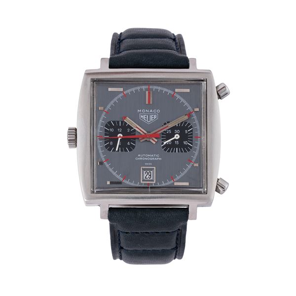 HEUER - HEUER - MONACO CRONOGRAFO A CARICA AUTOMATICA IN ACCIAIO CON QUADRANTE GRIGIO E DATARIO AD ORE SEI
