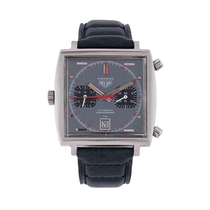 Heuer - Monaco cronografo a carica automatica in acciaio con quadrante grigio e datario ore sei