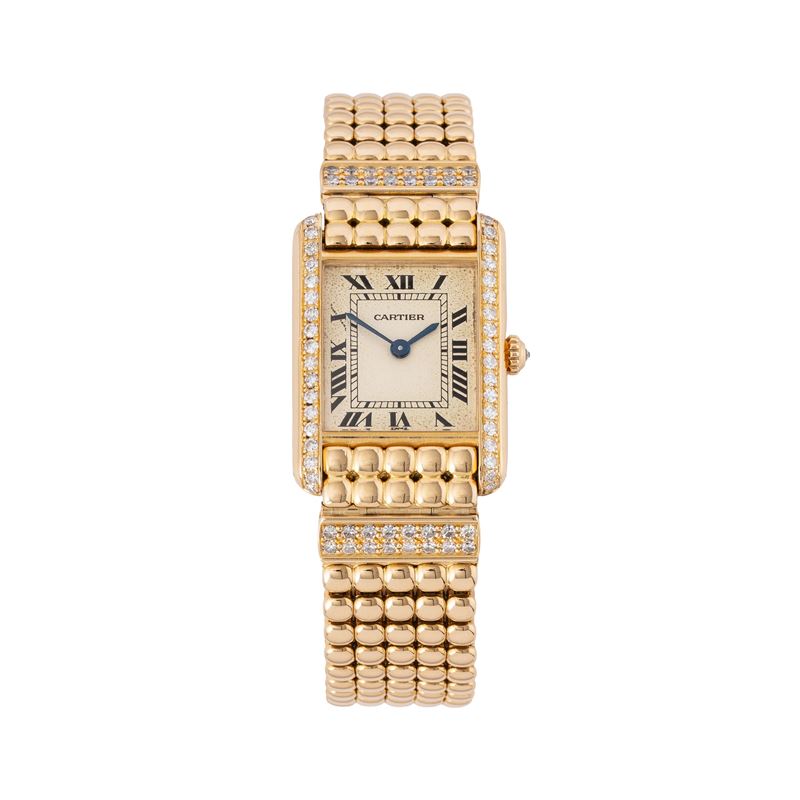 Cartier - Tank, orologio solo tempo al quarzo in oro giallo 18 kt con ghiera in diamanti e bracci...