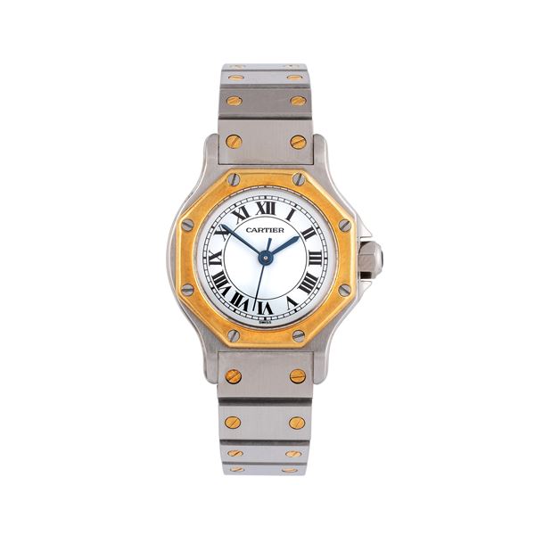 CARTIER - CARTIER - SANTOS OCTAGON OROLOGIO SOLO TEMPO A CARICA AUTOMATICA IN ACCIAIO E ORO 18KT CON QUADRANTE BIANCO