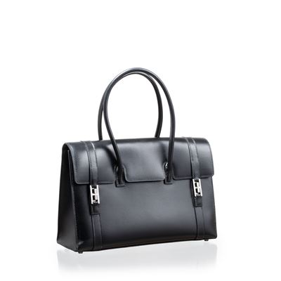 Borsa “Drag” in pellame box nero, metalleria cromata lucida (2003)