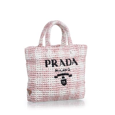 Shopper a mano in tessuto effetto rafia bianco e rosa
