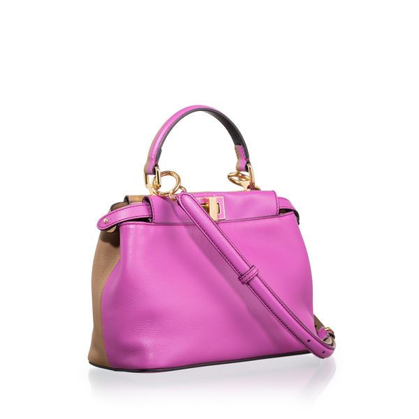 FENDI - FENDI MINI PEEKABOO IN PELLE DI VITELLO BICOLORE MARRONE E BOUGANVILLE