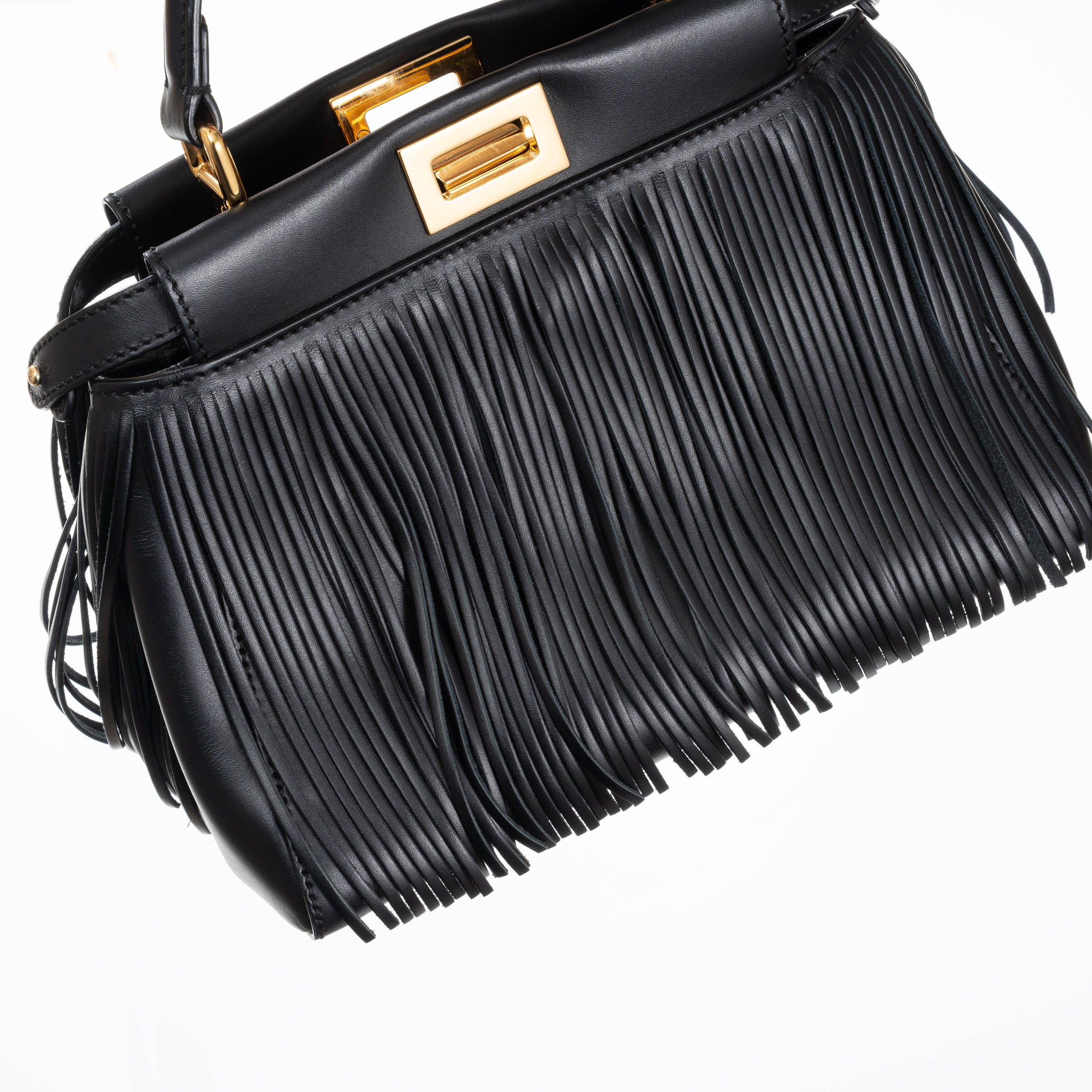 Fendi - Mini Peekaboo in pelle di vitello nera con dettagli in frange