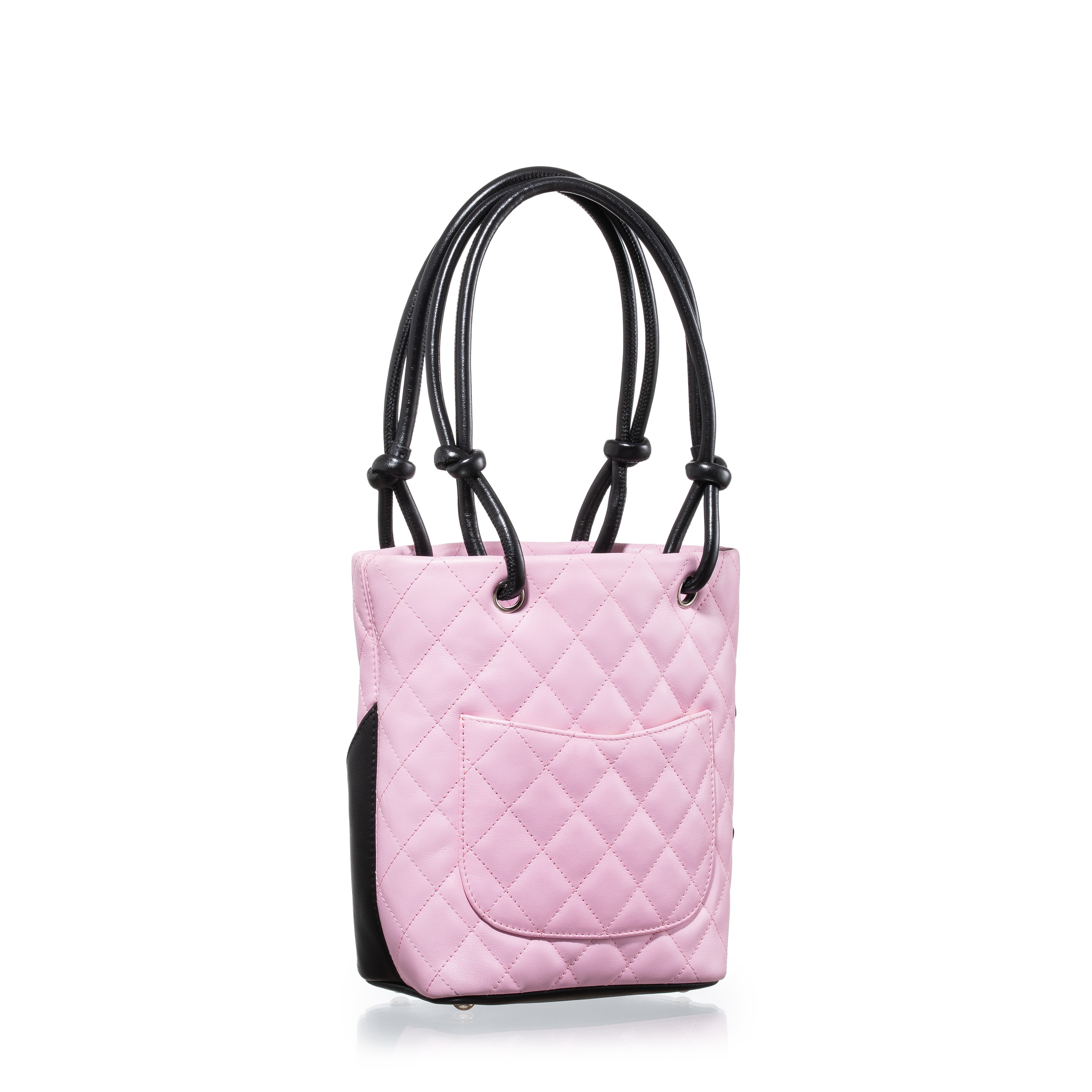 Chanel - Borsa a mano Cambon in pelle d’agnello rosa e nera con hardware palladio (2004-2005)