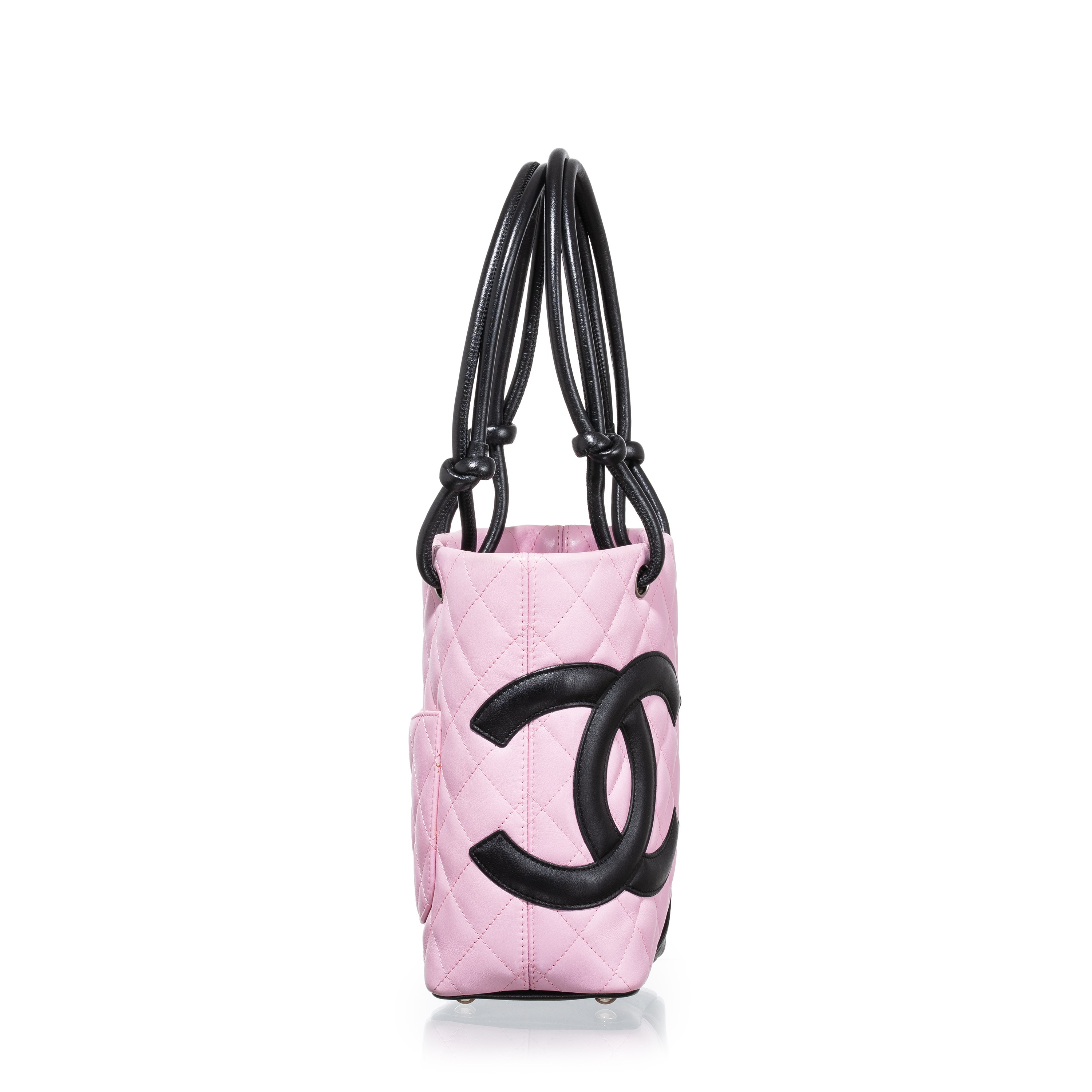 Chanel - Borsa a mano Cambon in pelle d’agnello rosa e nera con hardware palladio (2004-2005)