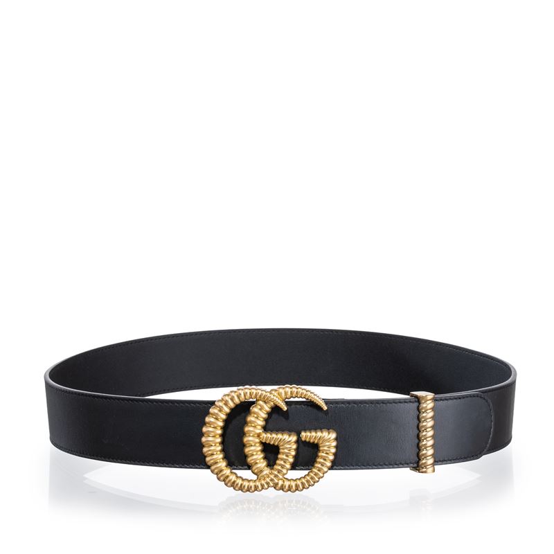 Gucci - Cintura larga GG Marmont in pelle nera con fibbia in ottone anticata