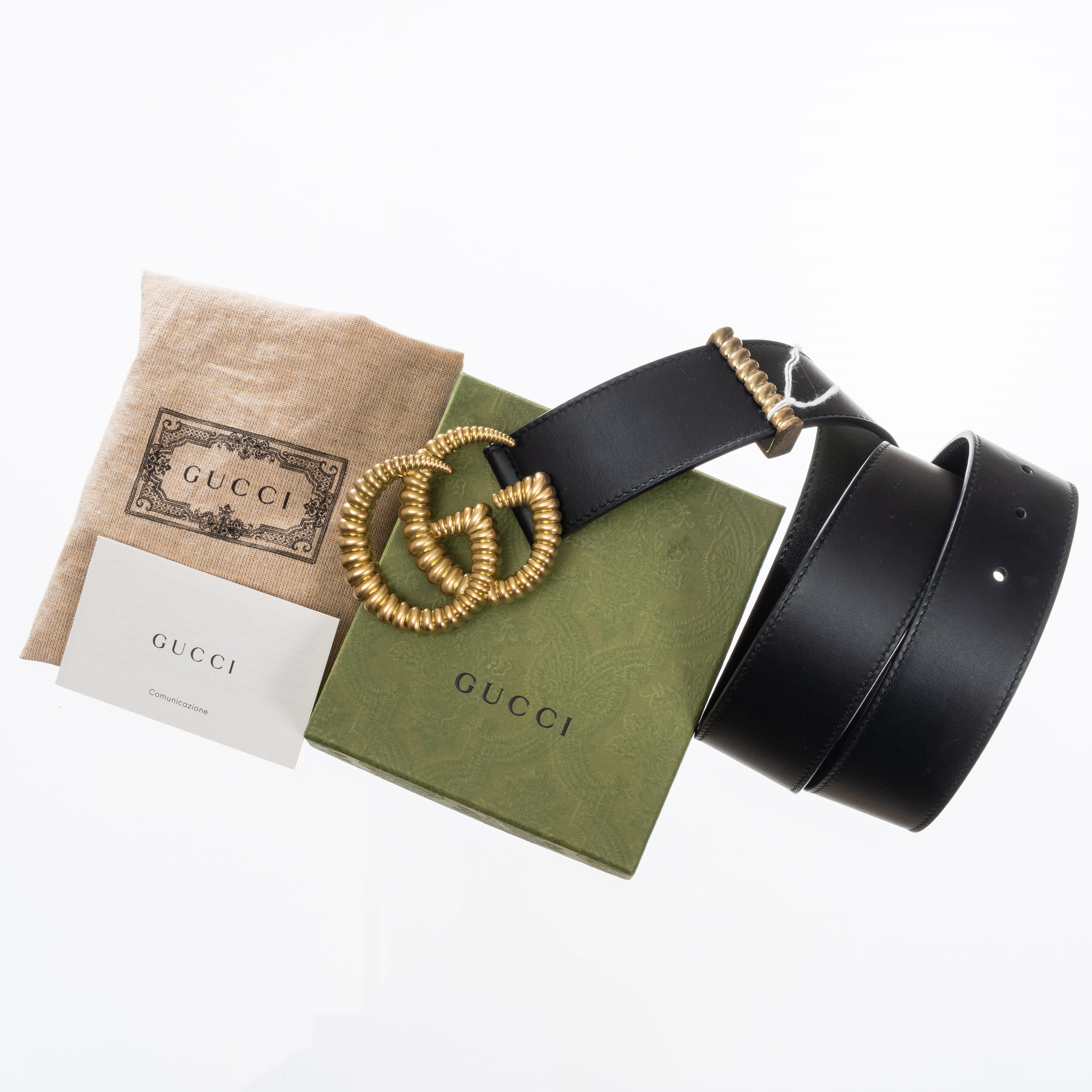 Gucci - Cintura larga GG Marmont in pelle nera con fibbia in ottone anticata