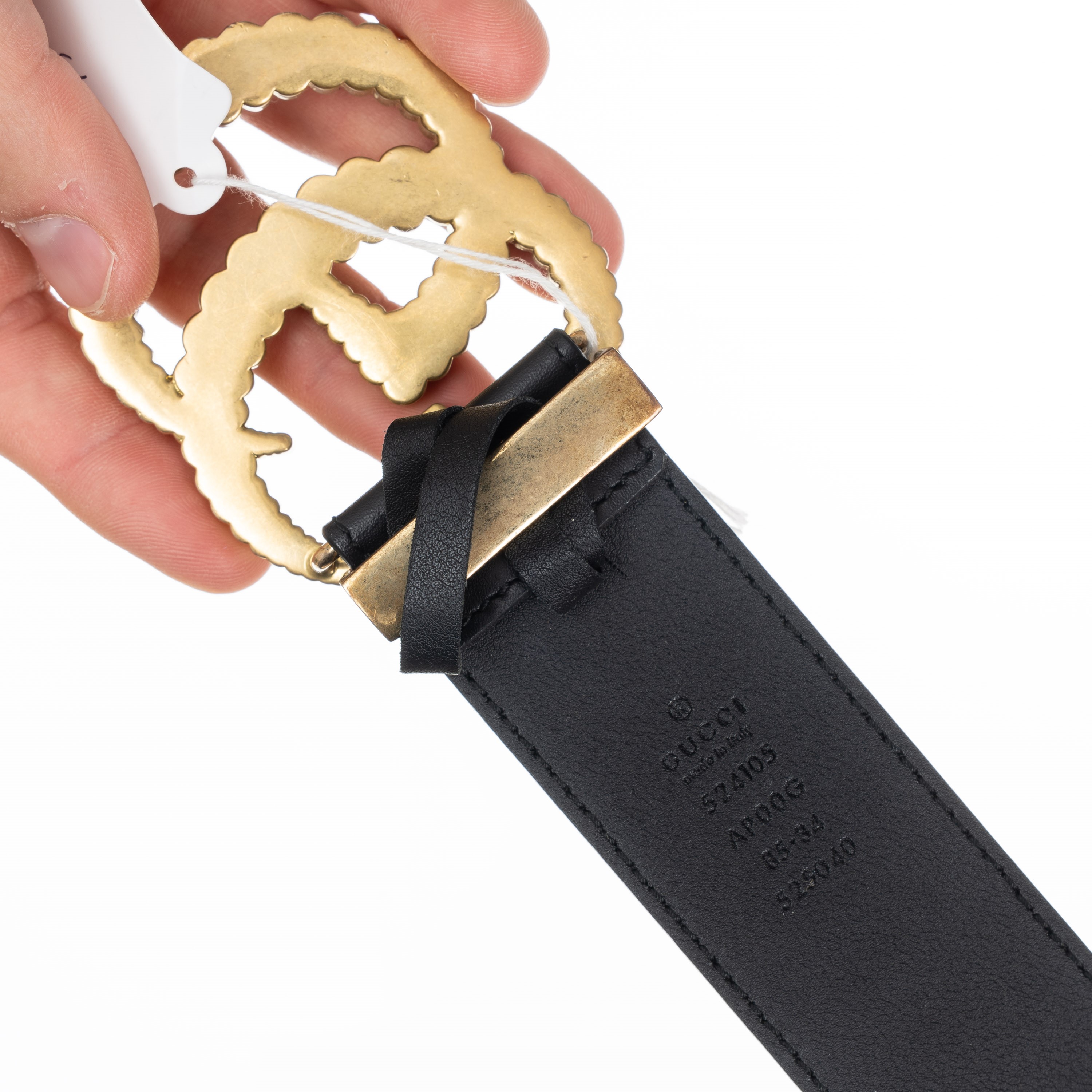 Gucci - Cintura larga GG Marmont in pelle nera con fibbia in ottone anticata