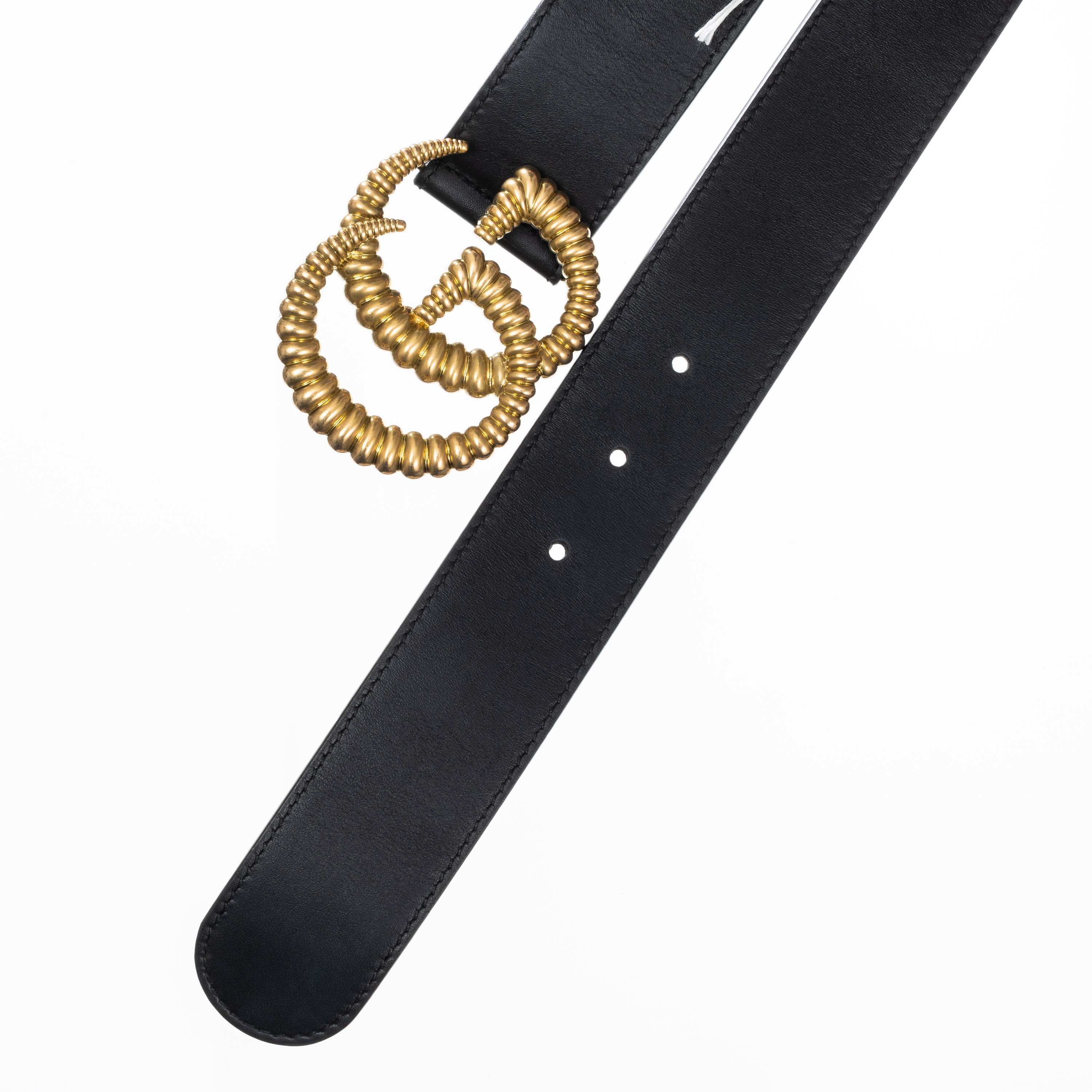 Gucci - Cintura larga GG Marmont in pelle nera con fibbia in ottone anticata