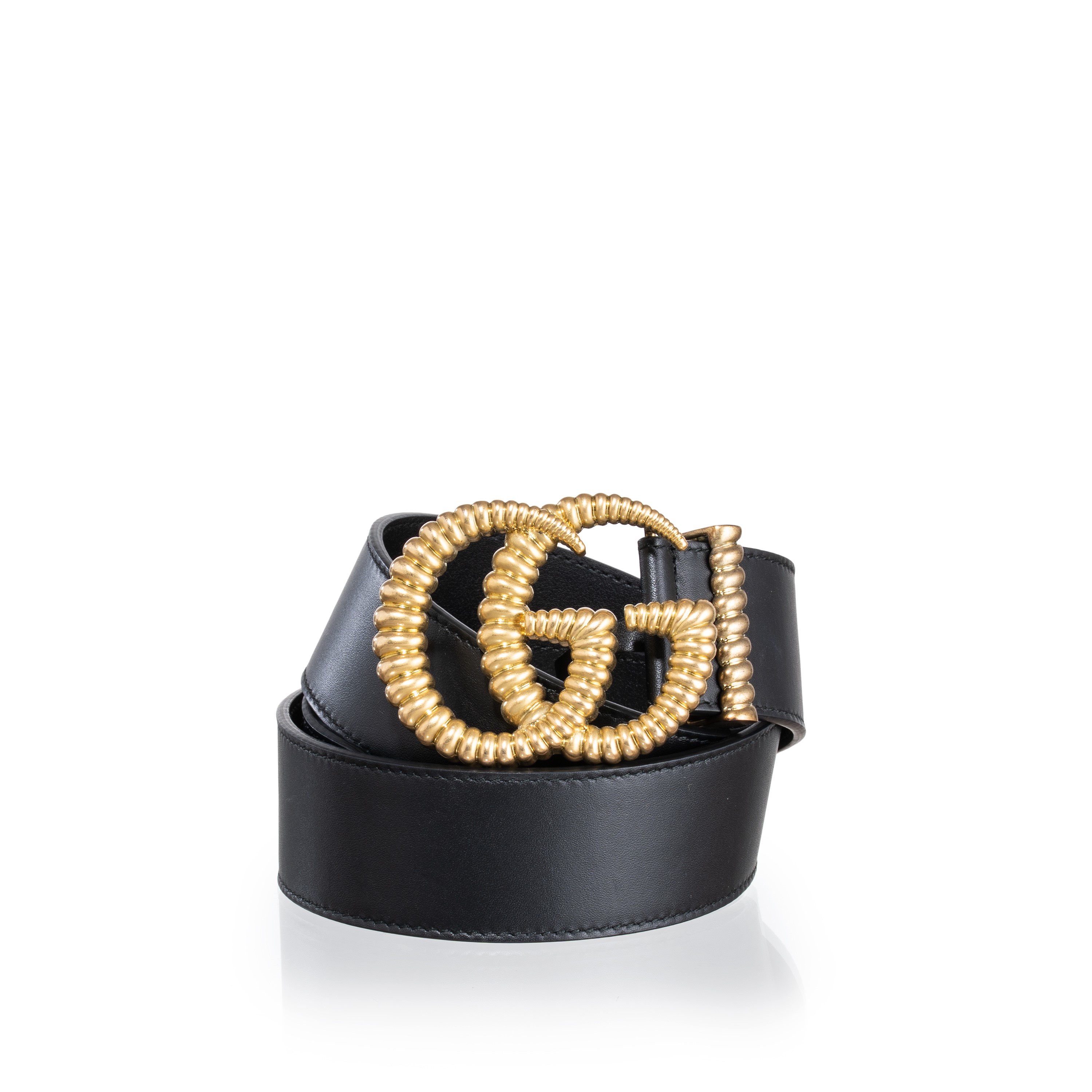 Gucci - Cintura larga GG Marmont in pelle nera con fibbia in ottone anticata