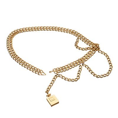 Cintura vintage in metallo dorato con catena e ciondolo profumo "Coco Chanel" (anni '80)