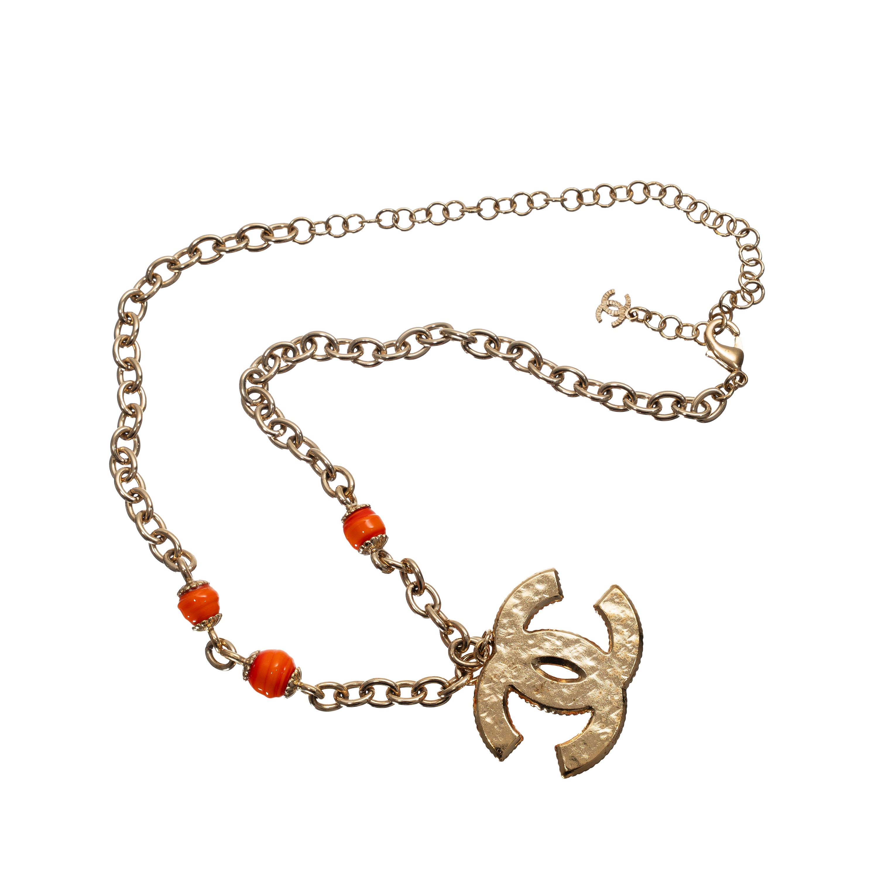 Chanel - Collana girocollo con ciondolo CC smaltato arancione
