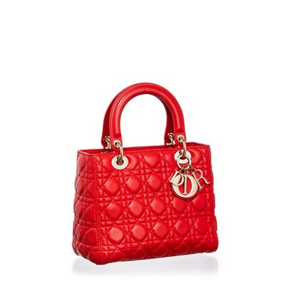 Dior, Lady Dior Medium, borsa in pelle d’agnello corallo con metalleria champagne, 2019