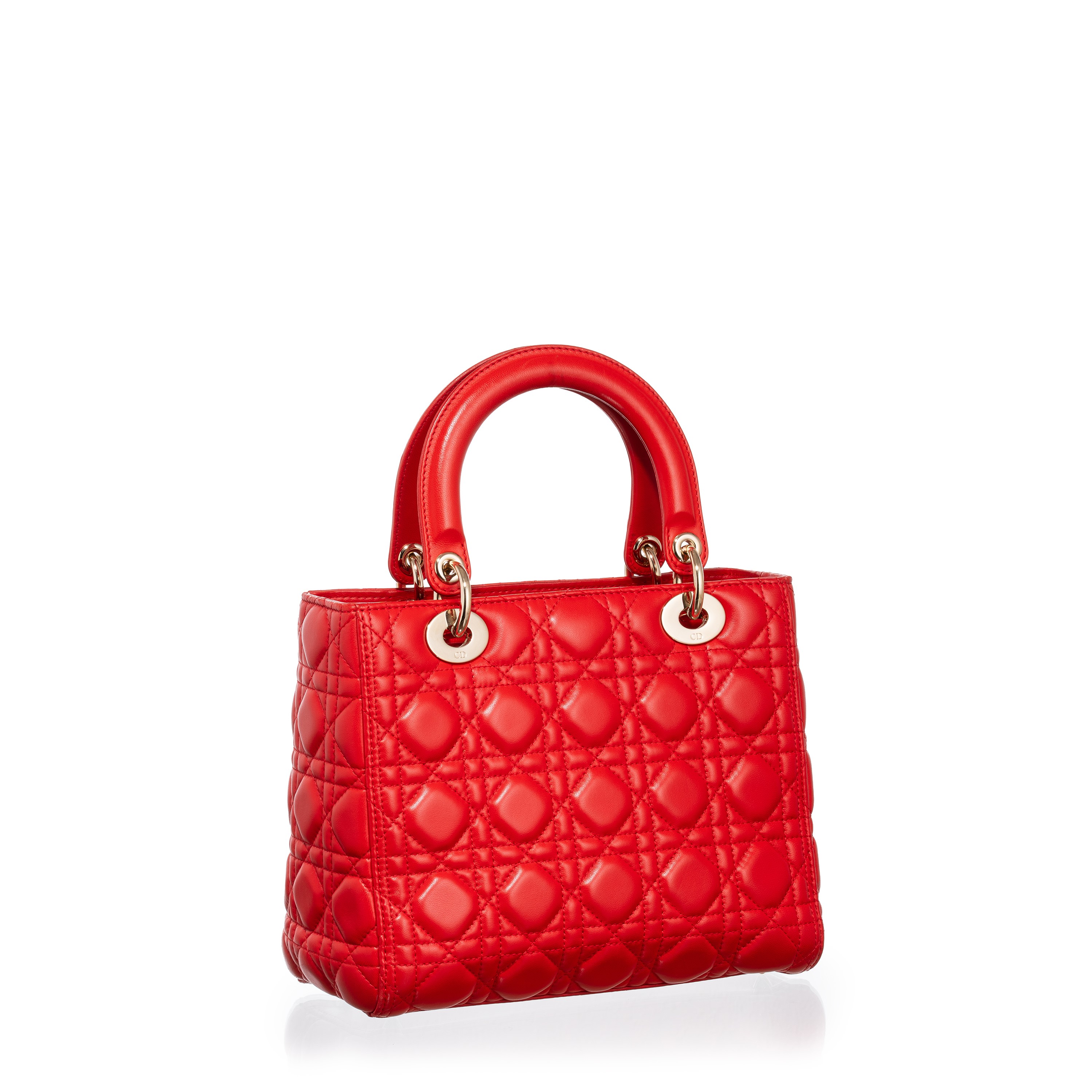 Dior, Lady Dior Medium, borsa in pelle d’agnello corallo con metalleria champagne, 2019