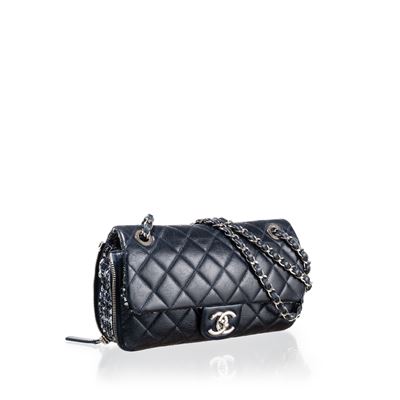 Borsa Zipped Tweed Flap Bag in pelle di vitello effetto invecchiato (Blu), 2014