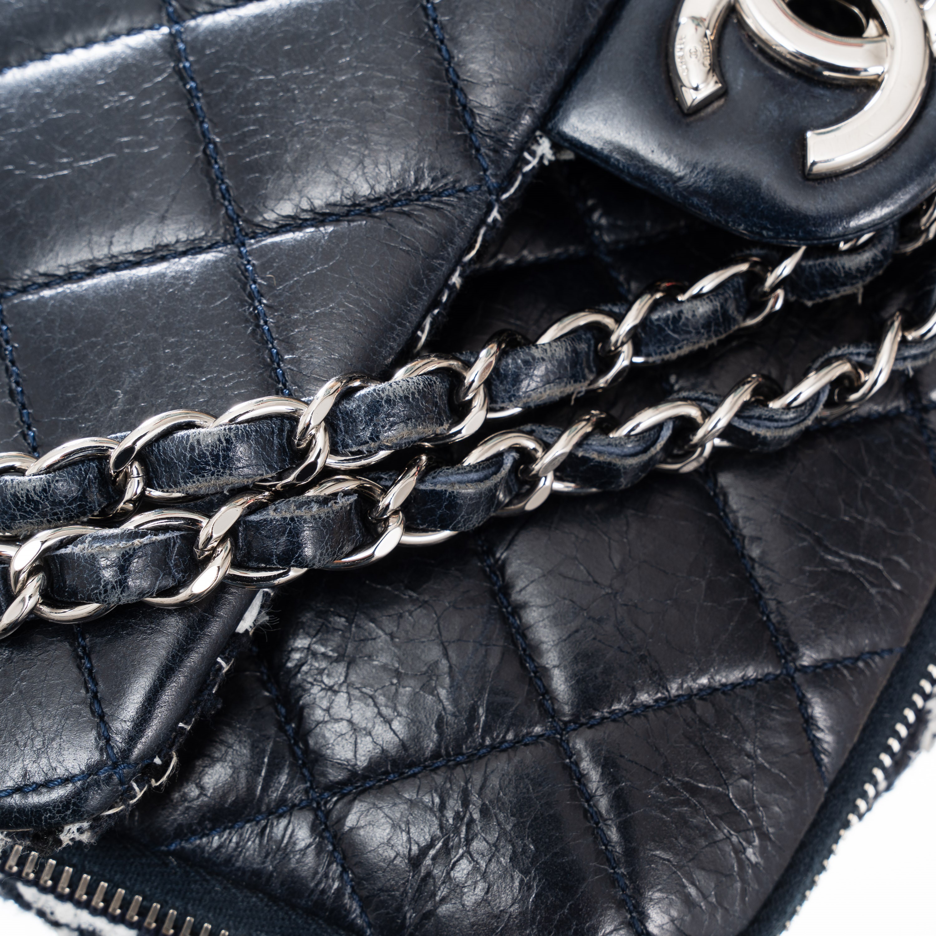 Chanel - Borsa Zipped Tweed Flap Bag in pelle di vitello effetto invecchiato (Blu), 2014