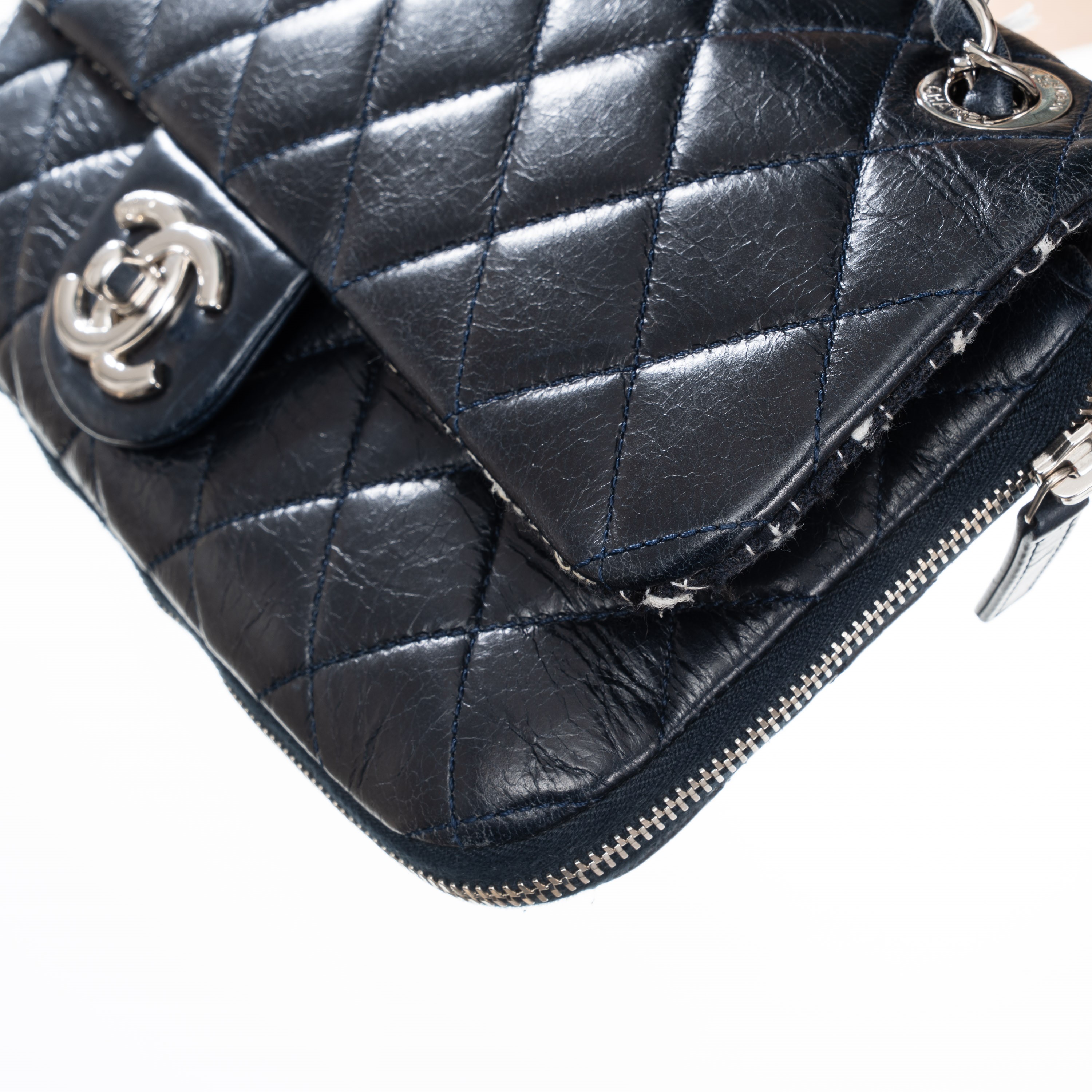 Chanel - Borsa Zipped Tweed Flap Bag in pelle di vitello effetto invecchiato (Blu), 2014