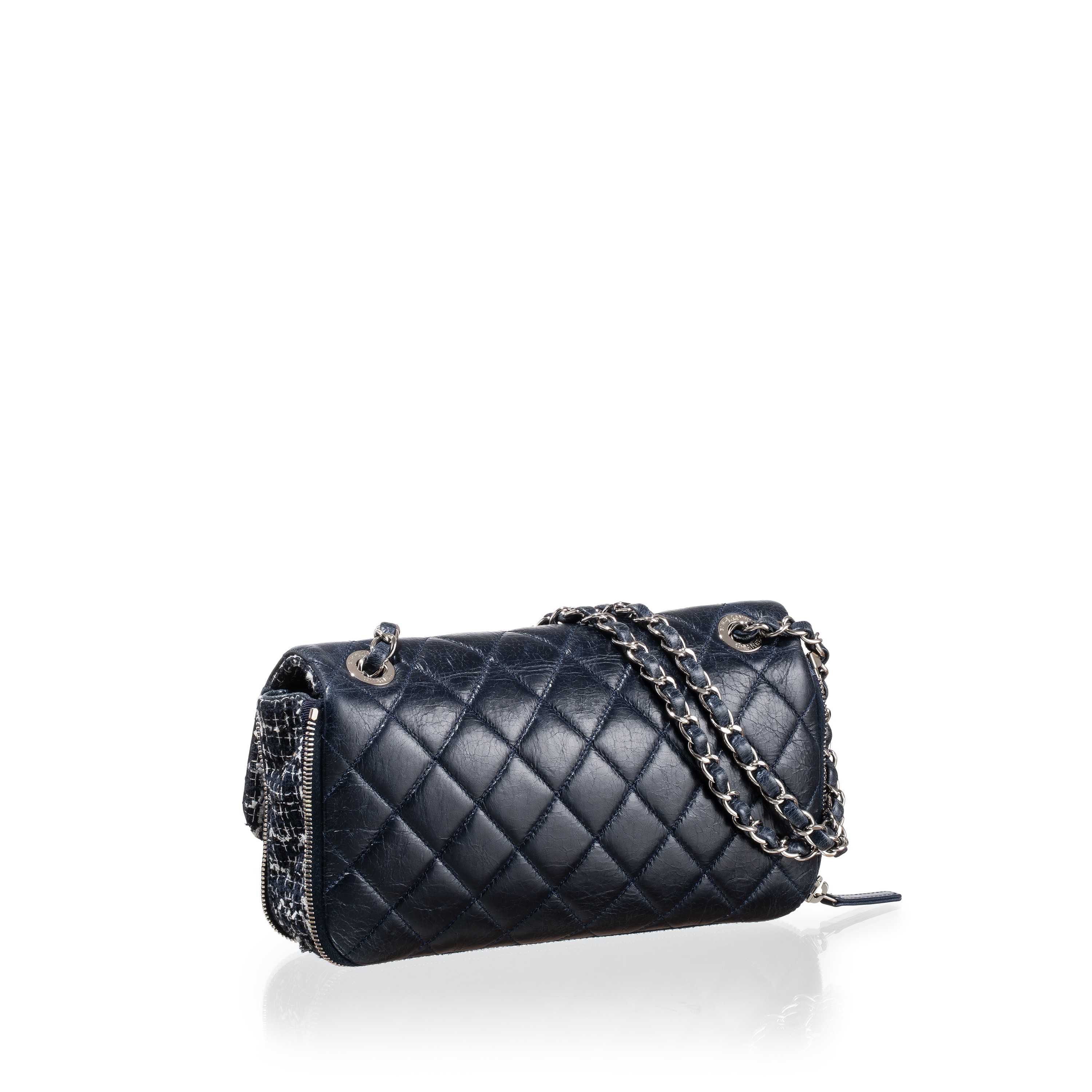 Chanel - Borsa Zipped Tweed Flap Bag in pelle di vitello effetto invecchiato (Blu), 2014