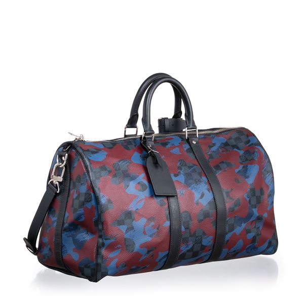 LOUIS VUITTON - LOUIS VUITTON KEEPALL 45 BANDOULIÈRE DAMIER COBALT COATED CANVAS CAMOUFLAGE BORDEAUX