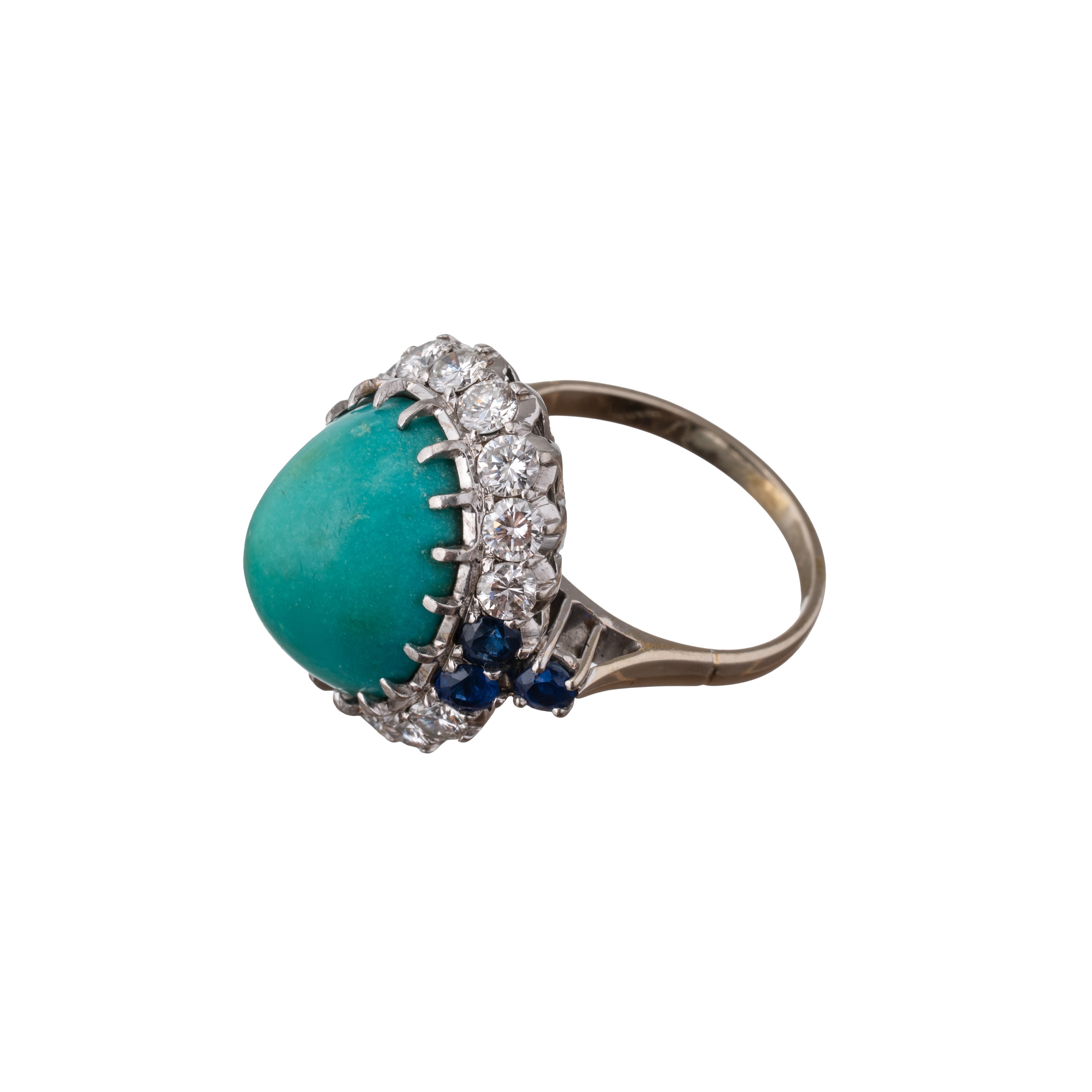 Anello in oro bianco 18 kt con turchese cabochon, diamanti e zaffiri
