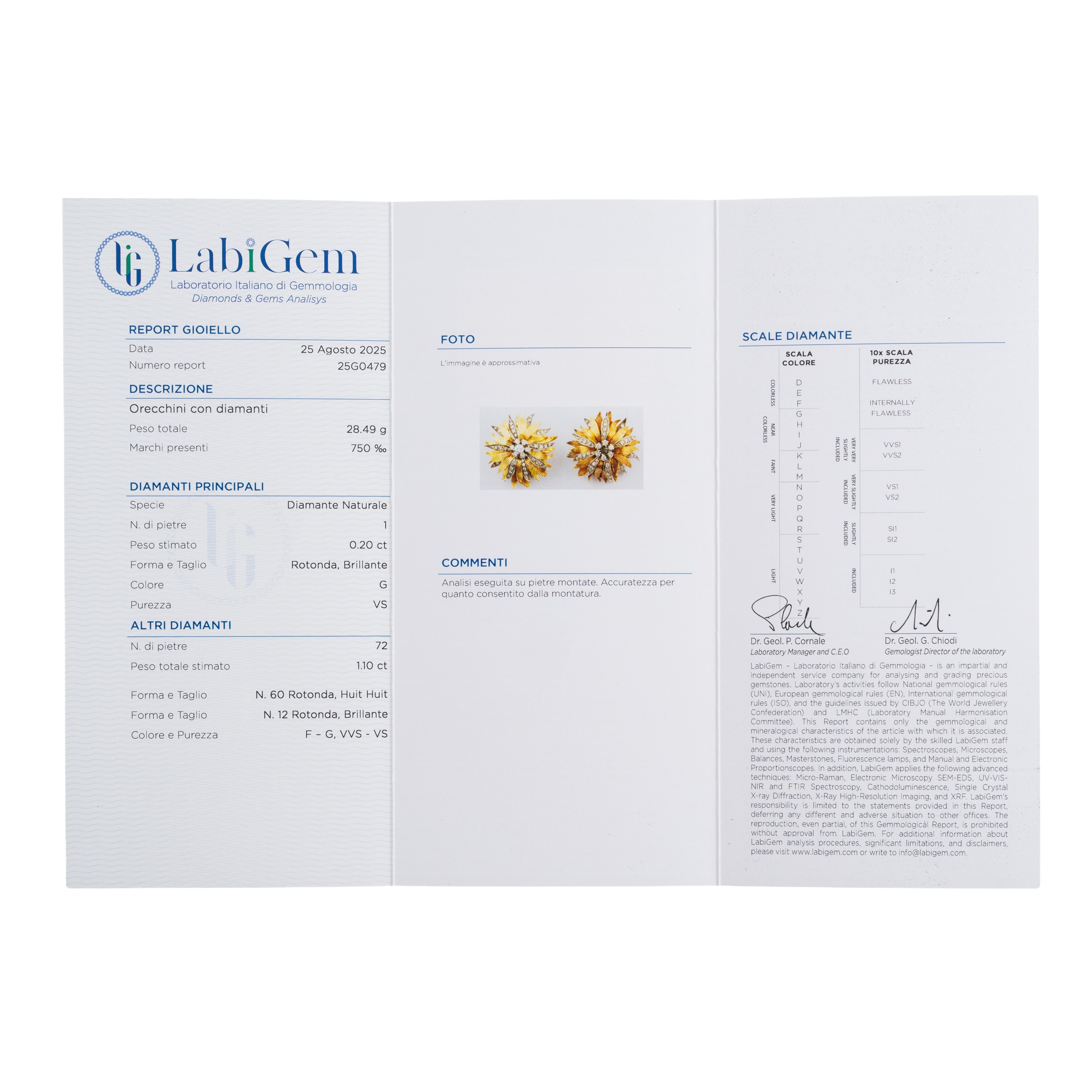 Orecchini in oro giallo e bianco 18 kt con diamanti, certificati LabiGem