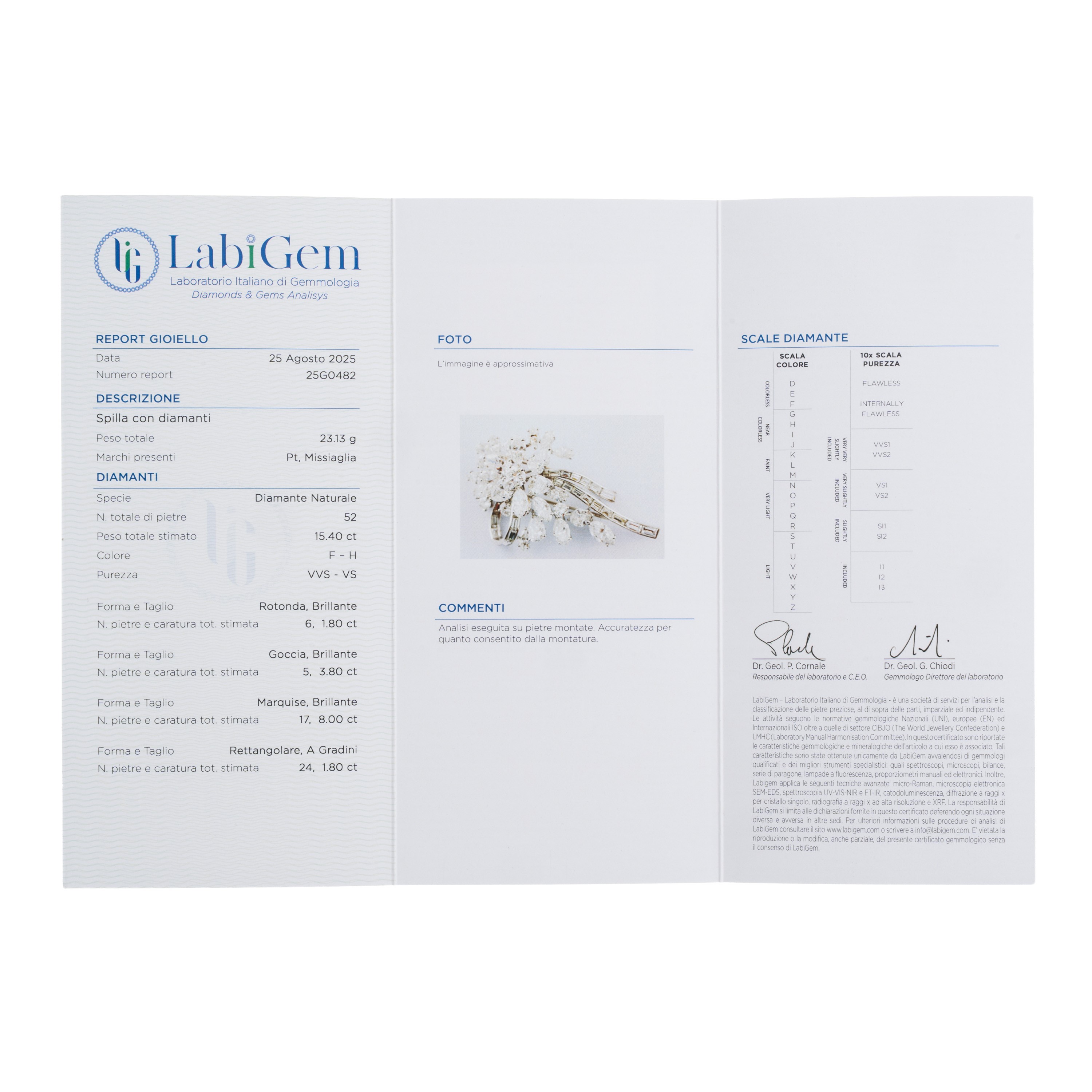 Spilla in platino e diamanti, con certificazione LabiGem