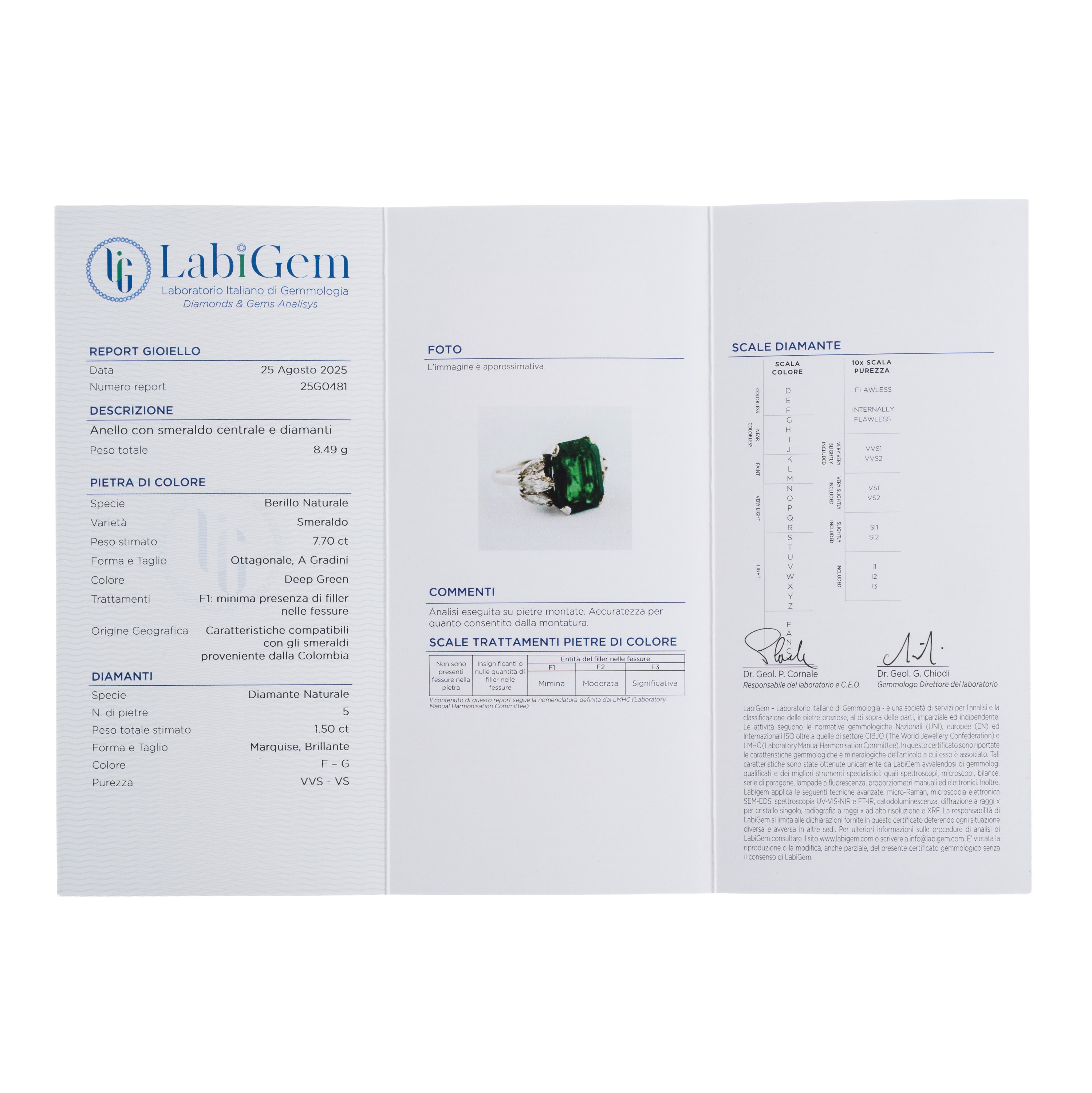 Anello, oro bianco 18 kt con smeraldo centrale colombiano (Deep Green) e diamanti