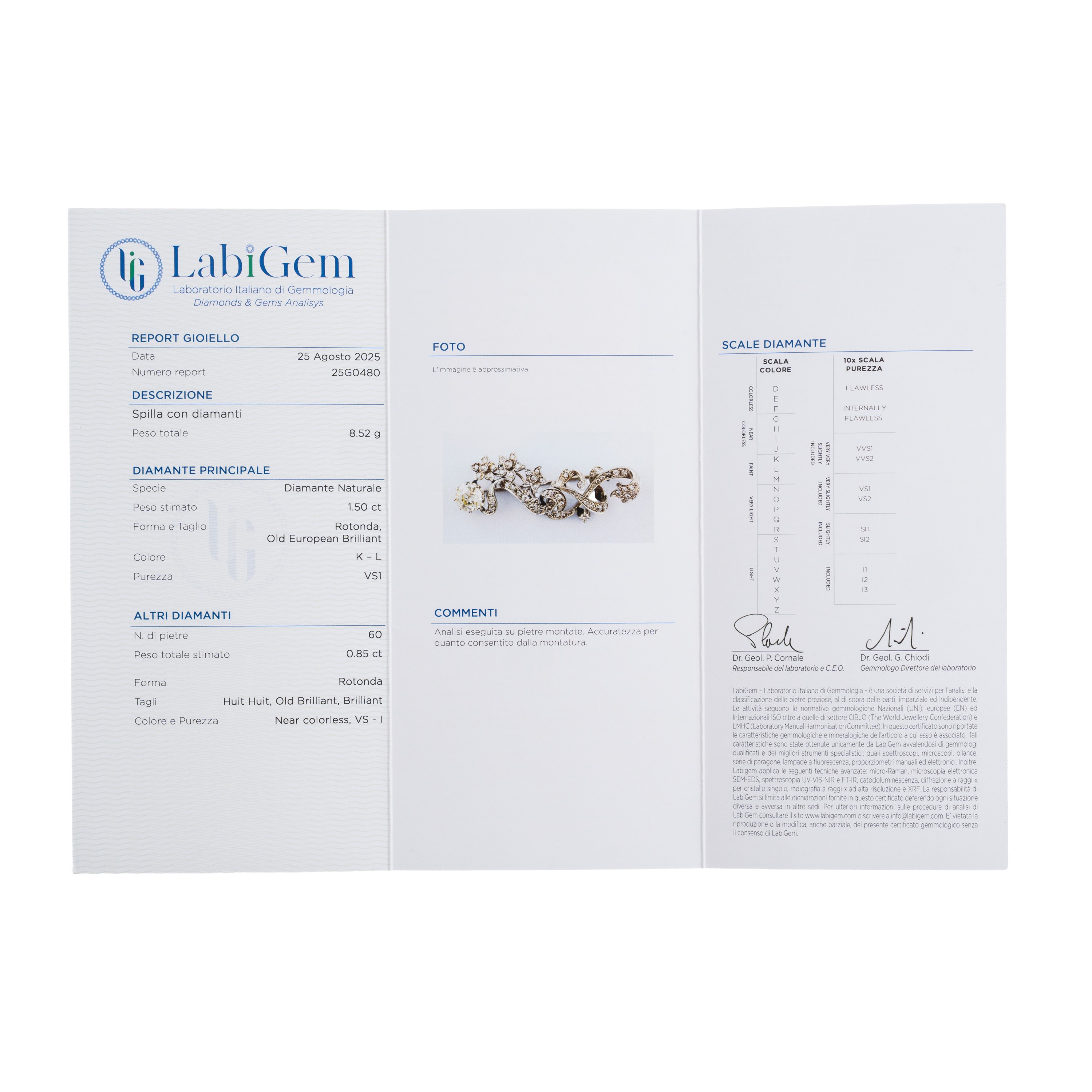 Spilla in platino con diamante centrale, taglio Vecchia Europa, certificata LabiGem