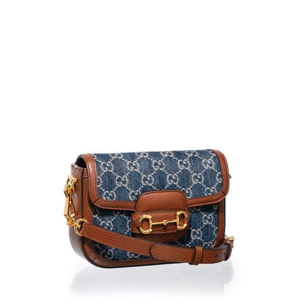 GUCCI - GUCCI BORSA A SPALLA HORSEBIT 1955 PICCOLA IN DENIM E PELLE MARRONE, DOPPIA TRACOLLA, GHW