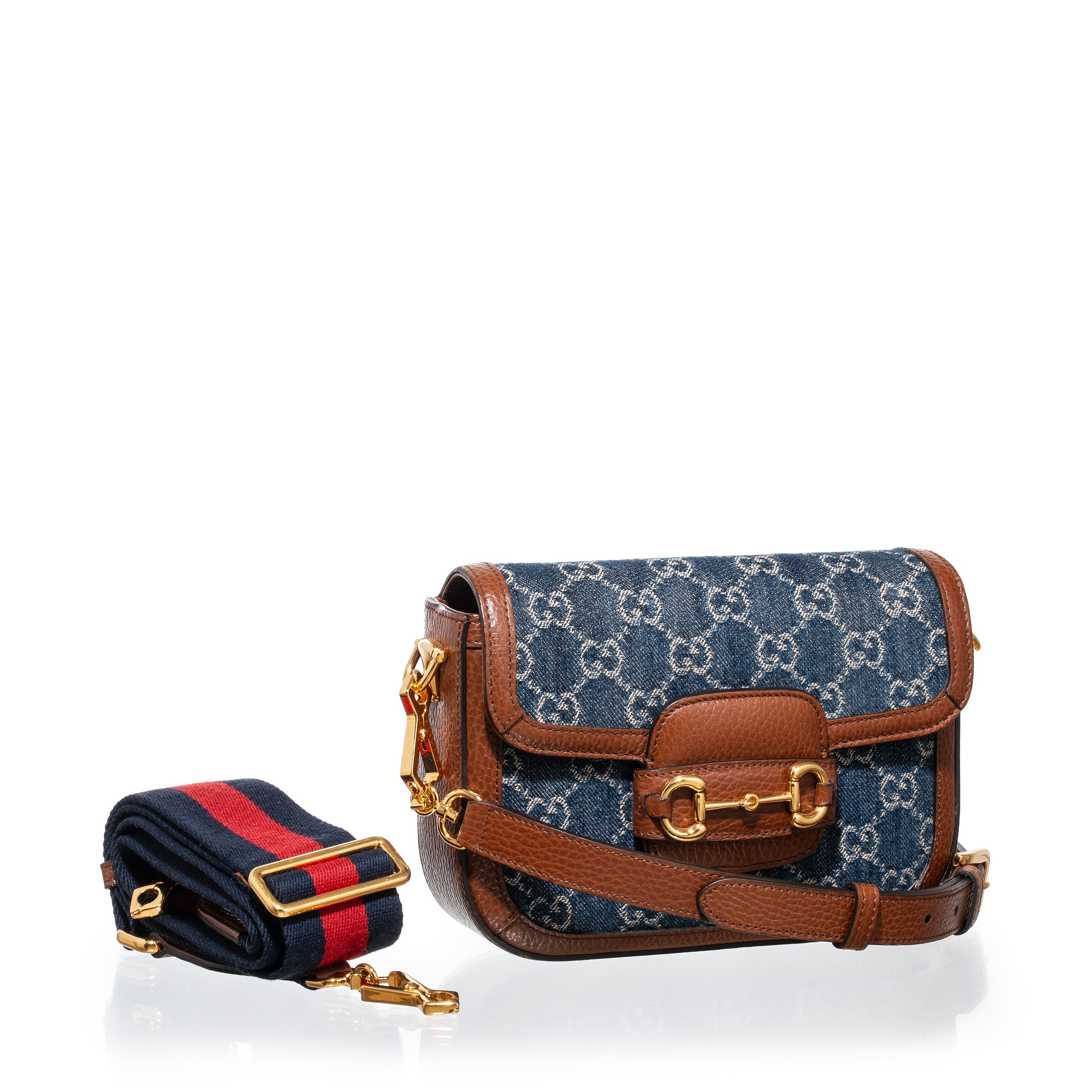 Gucci - Borsa a spalla Horsebit 1955 piccola in denim e pelle con hardware dorato