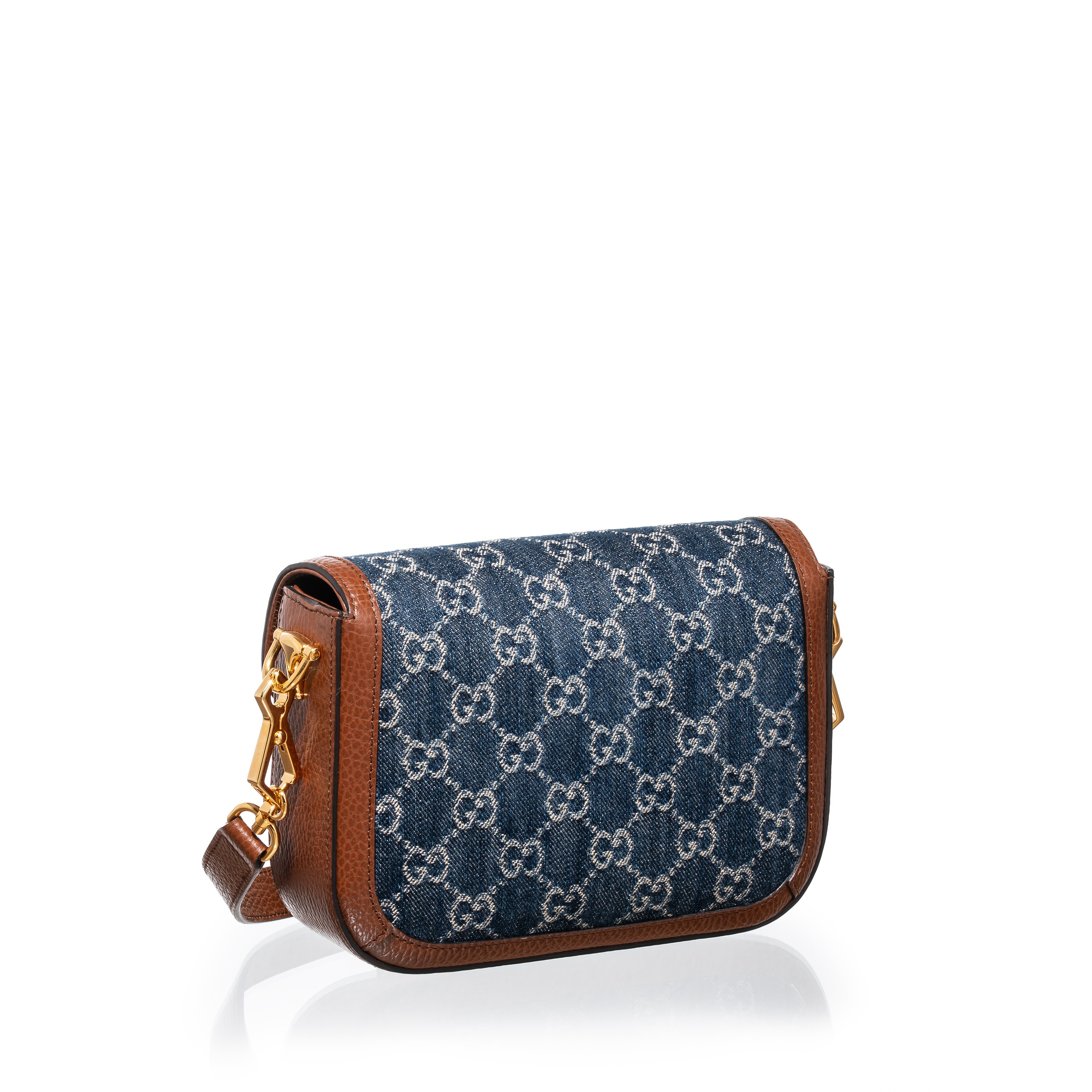 Gucci - Borsa a spalla Horsebit 1955 piccola in denim e pelle con hardware dorato