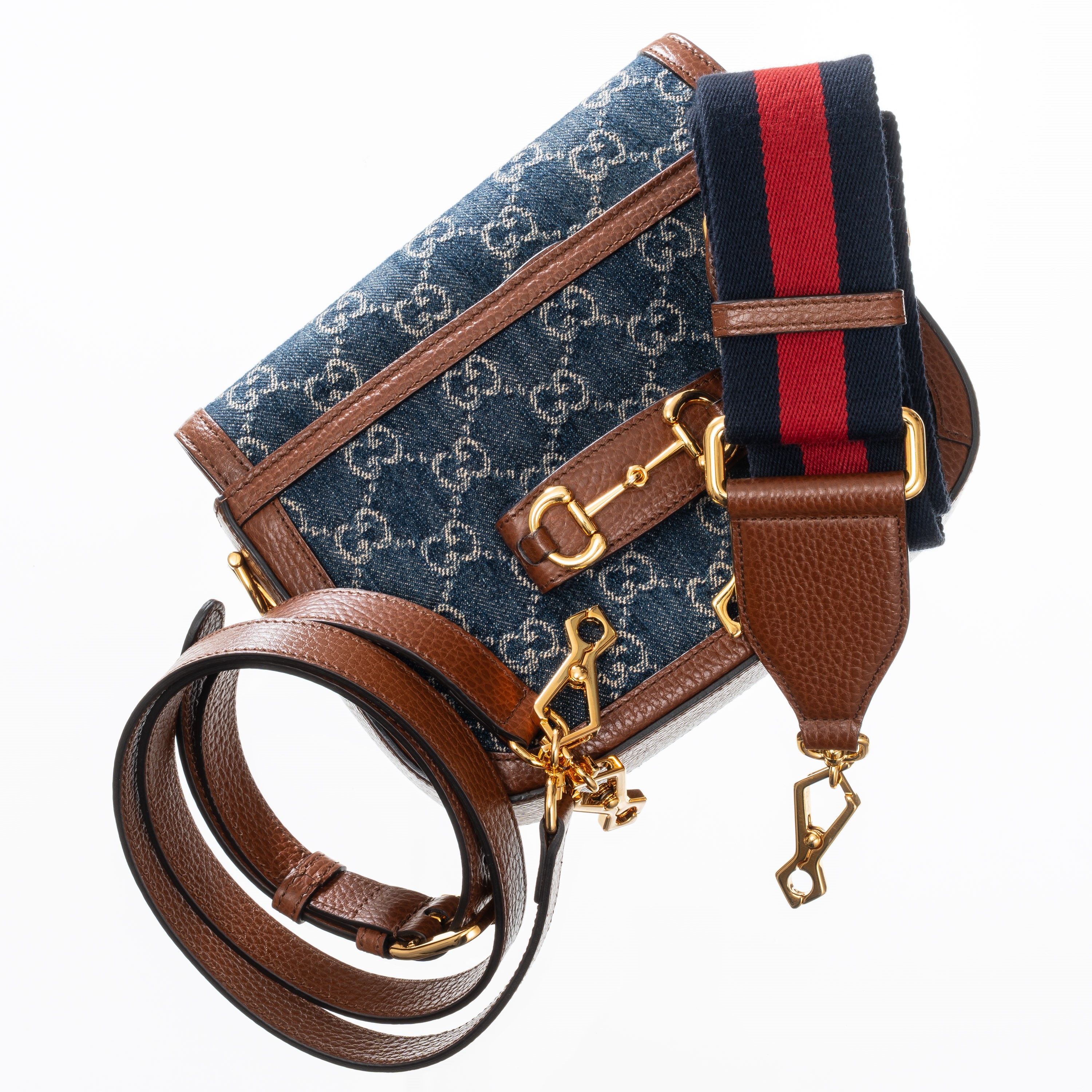 Gucci - Borsa a spalla Horsebit 1955 piccola in denim e pelle con hardware dorato