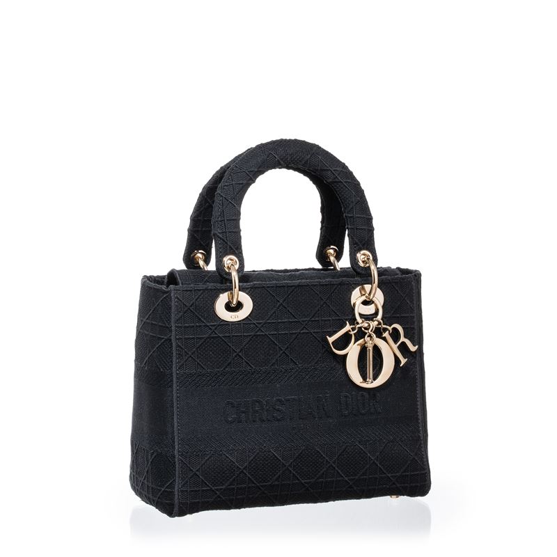 Dior, D-Lite Media in tessuto trama Cannage, nero con hardware champagne (2020)