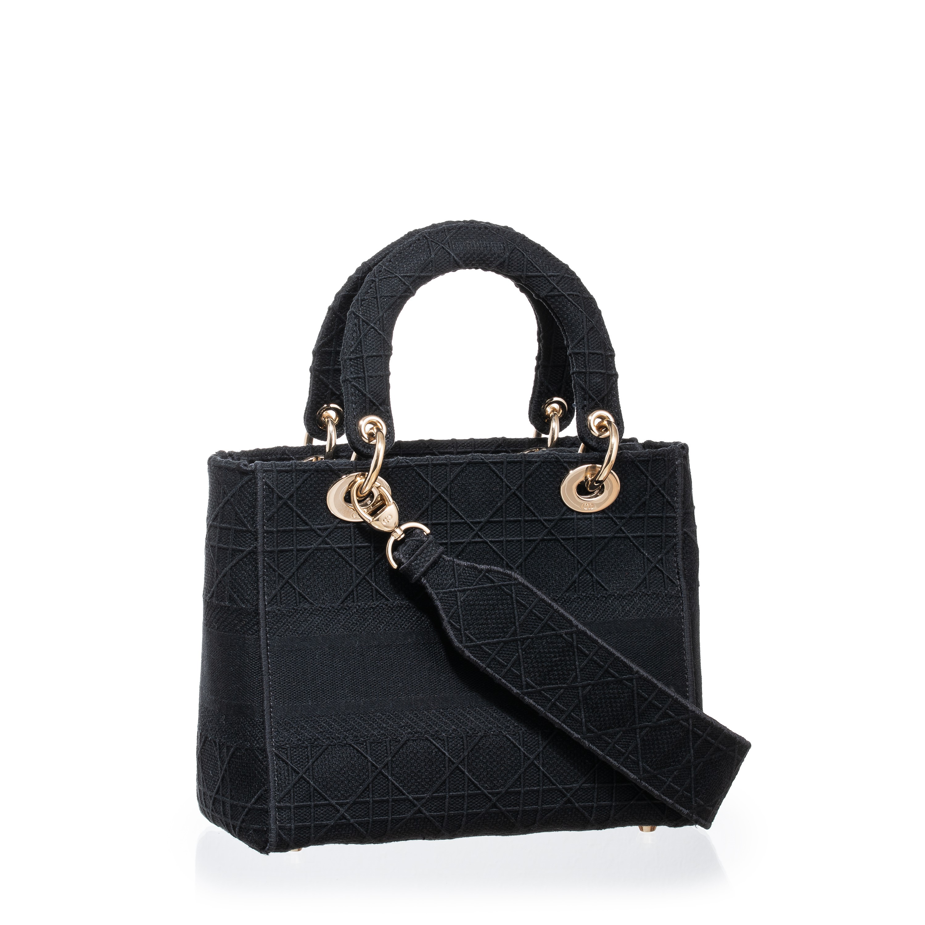 Dior, D-Lite Media in tessuto trama Cannage, nero con hardware champagne (2020)