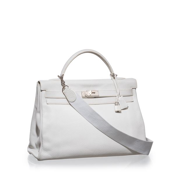 HERMÈS - HERMÈS KELLY 40 RETOURNÉ CLEMENCE COLORE BIANCO PHW - 2007