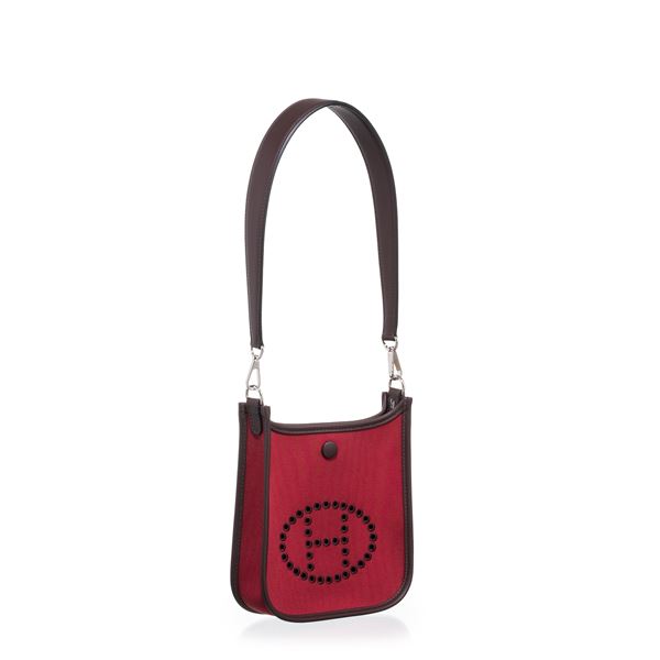 HERMÈS - HERMÈS MINI NEO EVELYNE OFFICIER CANVAS E PELLAME SWIFT, COLOR RUBIS E ROUGE SELLIER, INTERNO BLUE ZANZIBAR PHW - 2024