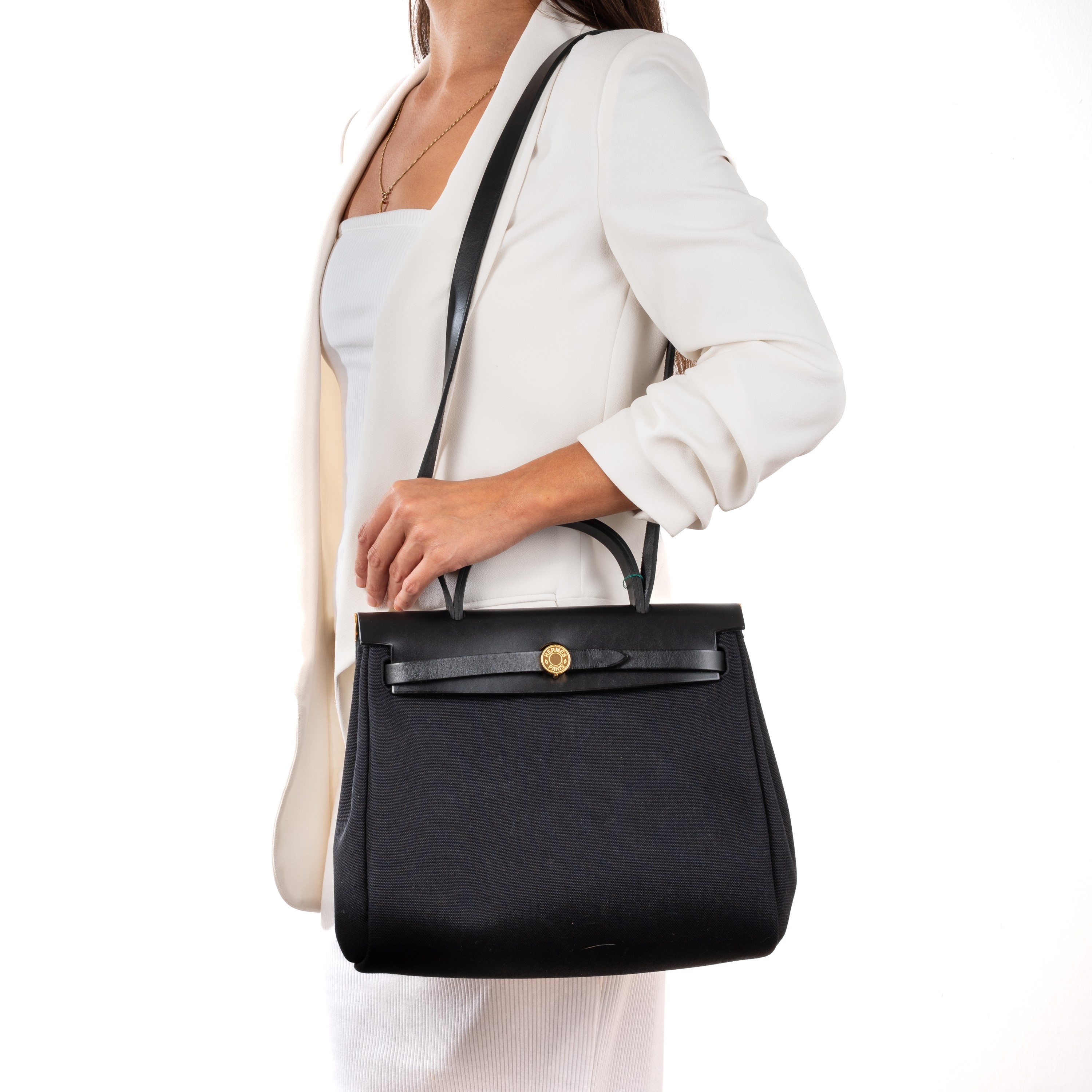 Hermès - Herbag 31 GHW, borsa/carryall in tela militare e vacchetta Hunter nera (2022)
