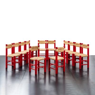 Set di dodici sedie rosse in legno con impagliatura, anni '70