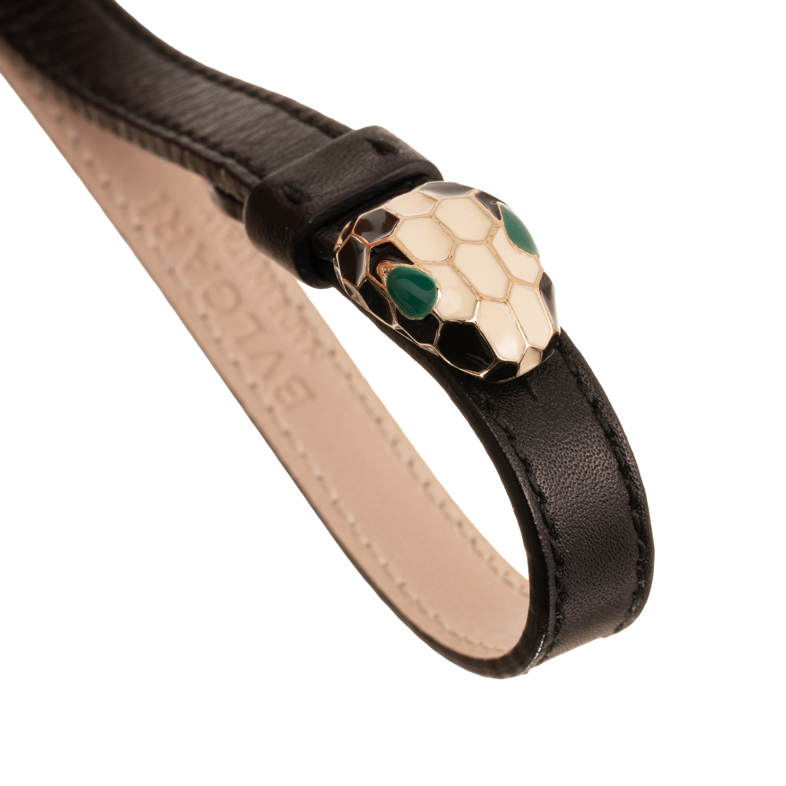 Bulgari - Bracciale “Serie Serpenti” in pelle nera con elementi smaltati